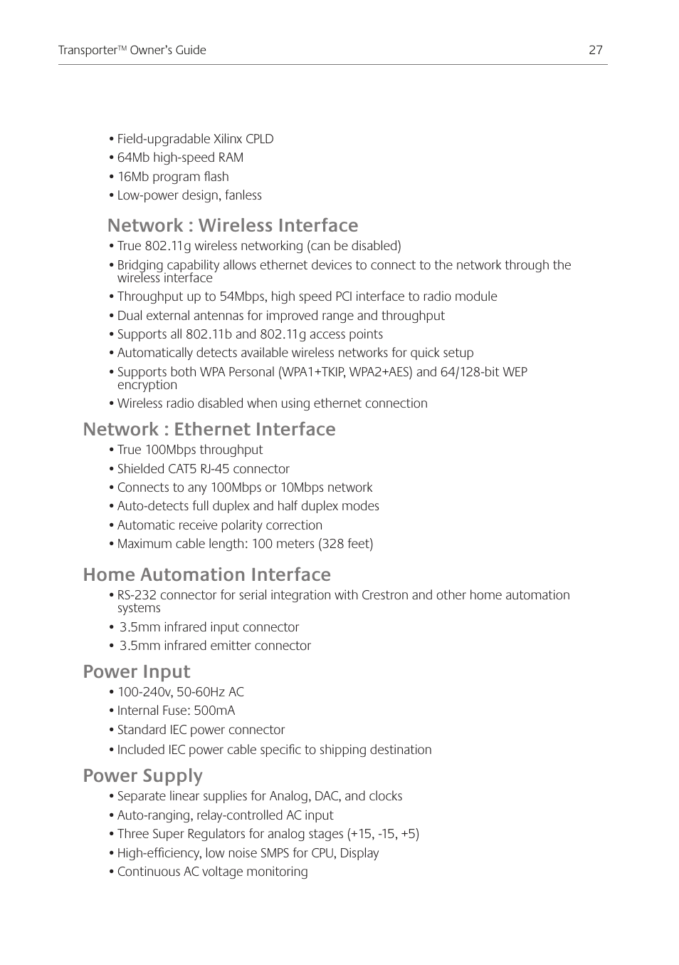 Network : wireless interface, Network : ethernet interface, Home automation interface | Power input, Power supply | Logitech Transporter SE: Network Music Player 930-000011 User Manual | Page 29 / 40