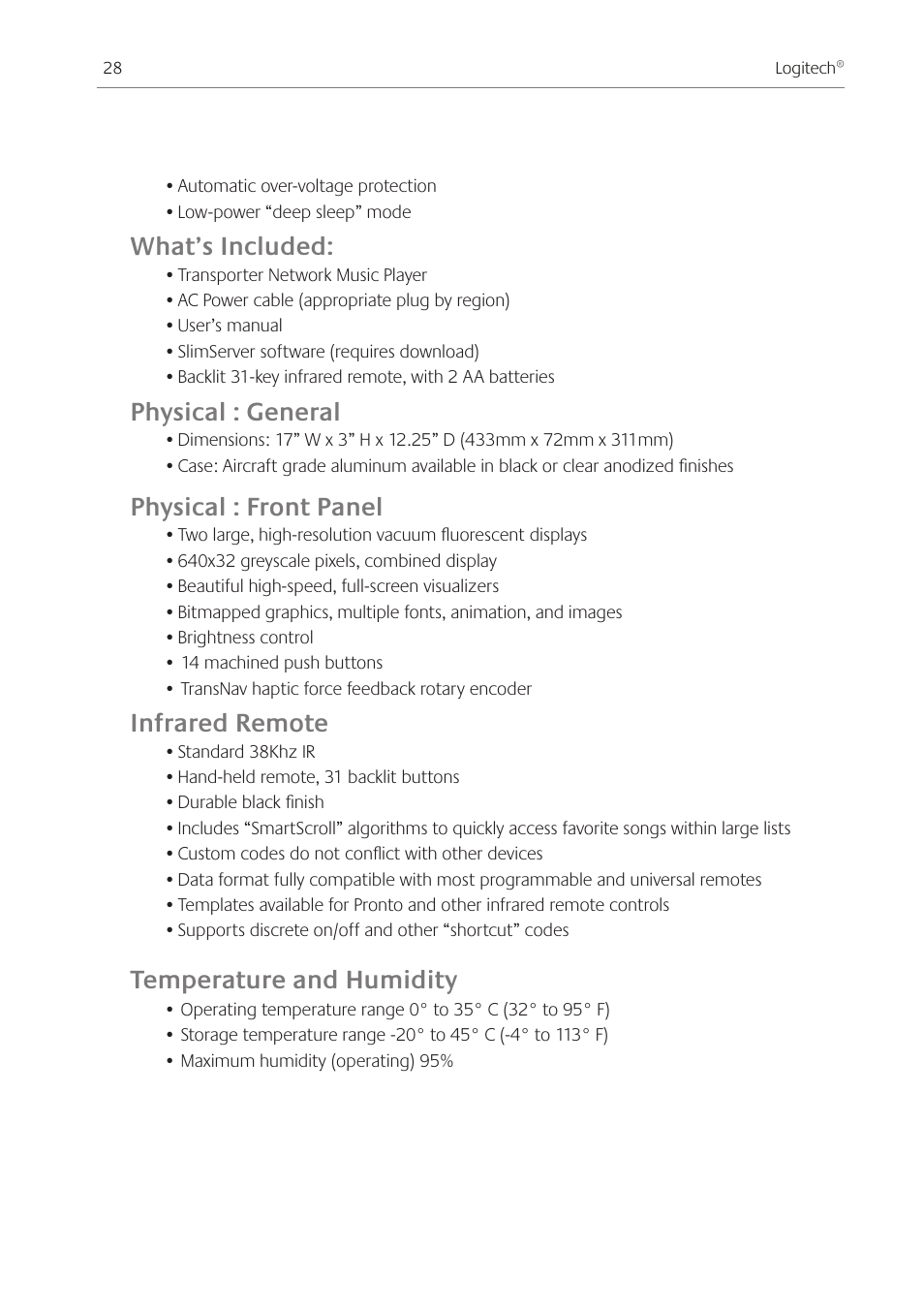 What’s included, Physical : general, Physical : front panel | Infrared remote, Temperature and humidity | Logitech Transporter SE: Network Music Player 930-000011 User Manual | Page 30 / 40