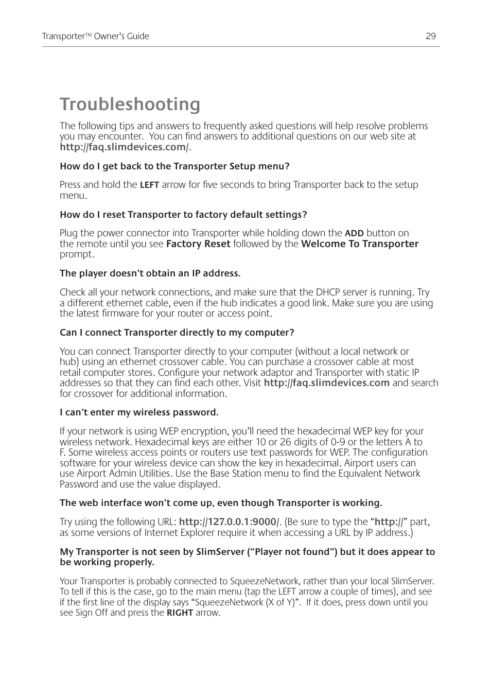 Troubleshooting | Logitech Transporter SE: Network Music Player 930-000011 User Manual | Page 31 / 40