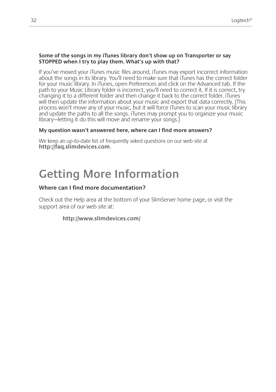 Getting more information | Logitech Transporter SE: Network Music Player 930-000011 User Manual | Page 34 / 40
