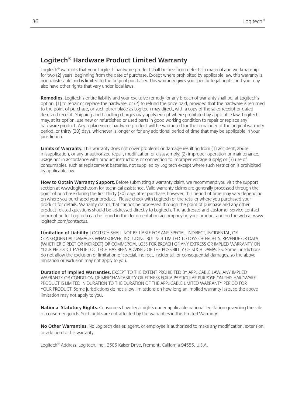 Logitech® hardware product limited warranty | Logitech Transporter SE: Network Music Player 930-000011 User Manual | Page 38 / 40