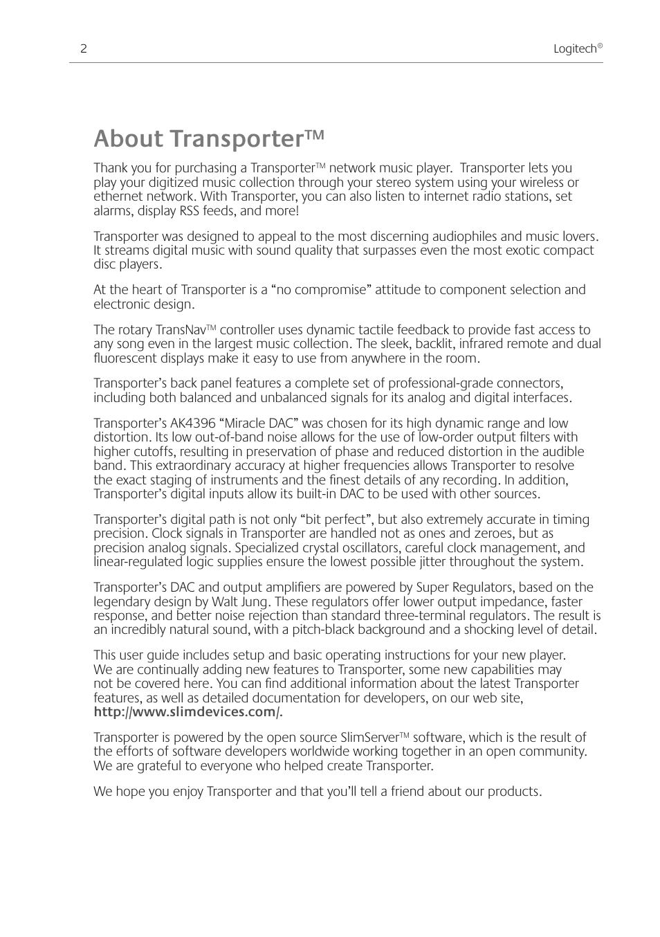 About transporter | Logitech Transporter SE: Network Music Player 930-000011 User Manual | Page 4 / 40