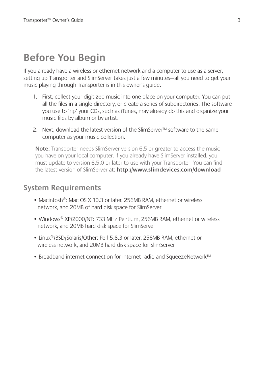 Before you begin, System requirements | Logitech Transporter SE: Network Music Player 930-000011 User Manual | Page 5 / 40