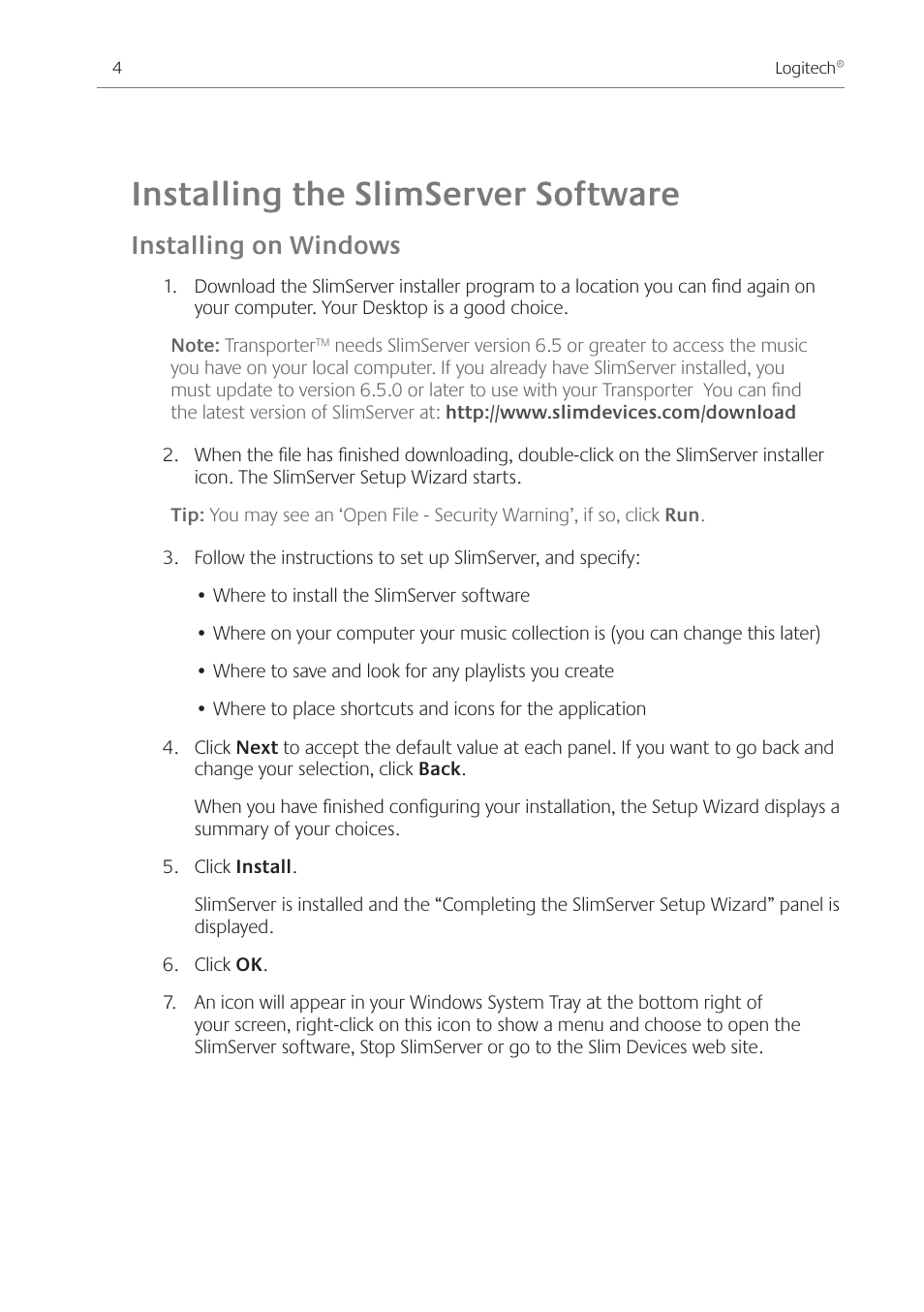 Installing the slimserver software, Installing on windows | Logitech Transporter SE: Network Music Player 930-000011 User Manual | Page 6 / 40