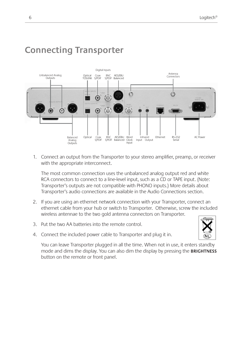 Connecting transporter, Button on the remote or front panel, Logitech | Brightness | Logitech Transporter SE: Network Music Player 930-000011 User Manual | Page 8 / 40