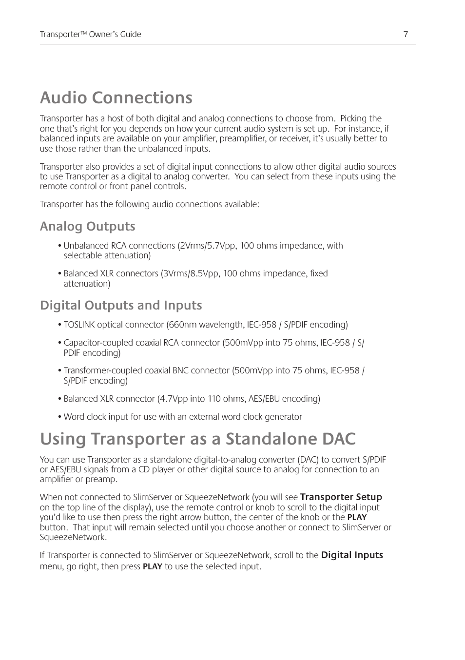Audio connections, Using transporter as a standalone dac, Analog outputs | Digital outputs and inputs | Logitech Transporter SE: Network Music Player 930-000011 User Manual | Page 9 / 40