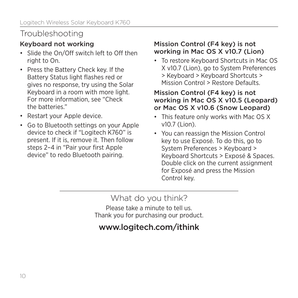 Troubleshooting, What do you think | Logitech K760 User Manual | Page 10 / 12