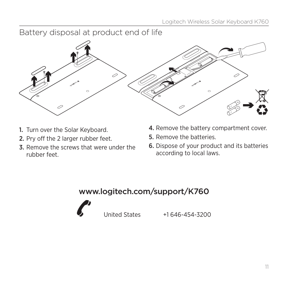 Battery disposal at product end of life | Logitech K760 User Manual | Page 11 / 12