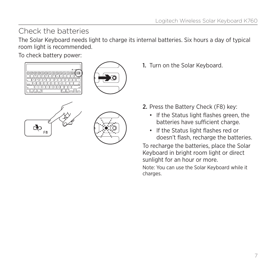 Check the batteries | Logitech K760 User Manual | Page 7 / 12