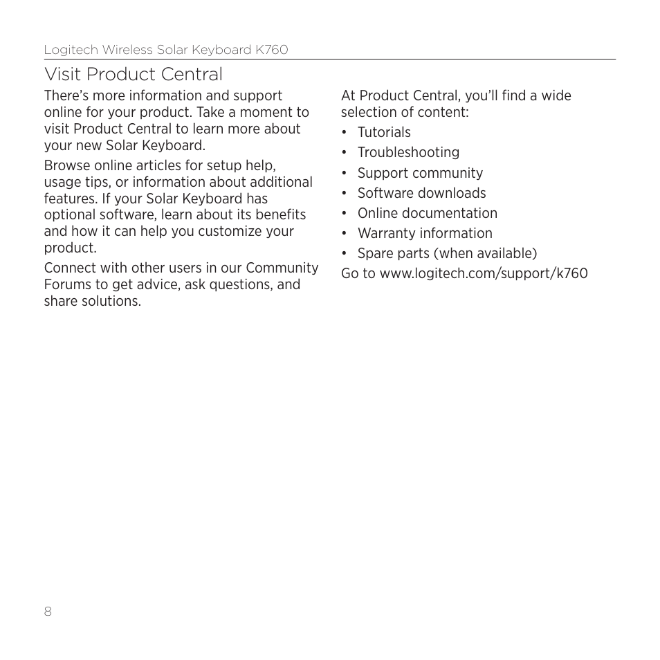 Visit product central | Logitech K760 User Manual | Page 8 / 12