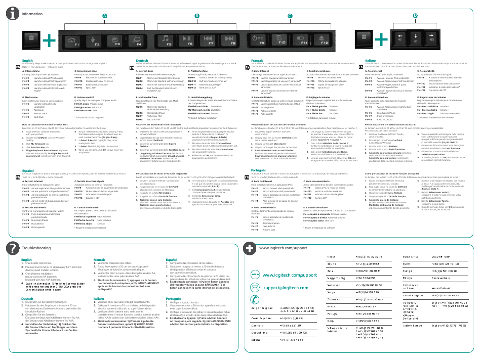 Information, English, Deutsch | Français, Italiano, Español, Portugués, Troubl»shooting, Www.logit»ch.com/support, Www.logitech.com/support | Logitech Cordless Desktop EX100 User Manual | Page 2 / 2