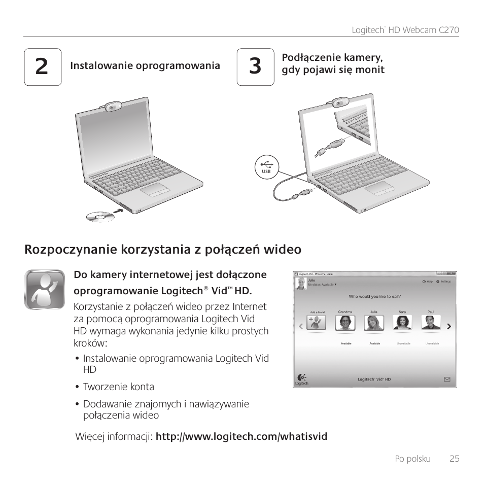 Rozpoczynanie korzystania z połączeń wideo | Logitech C270 User Manual | Page 25 / 94