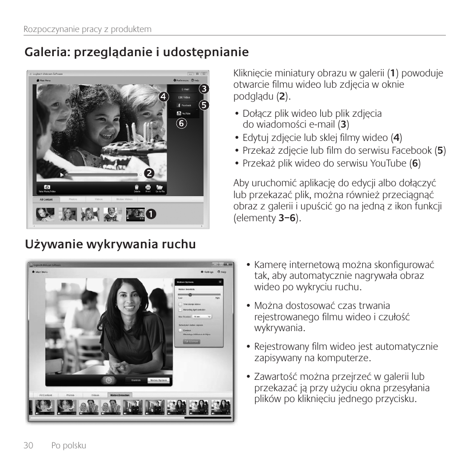 Używanie wykrywania ruchu, Galeria: przeglądanie i udostępnianie | Logitech C270 User Manual | Page 30 / 94