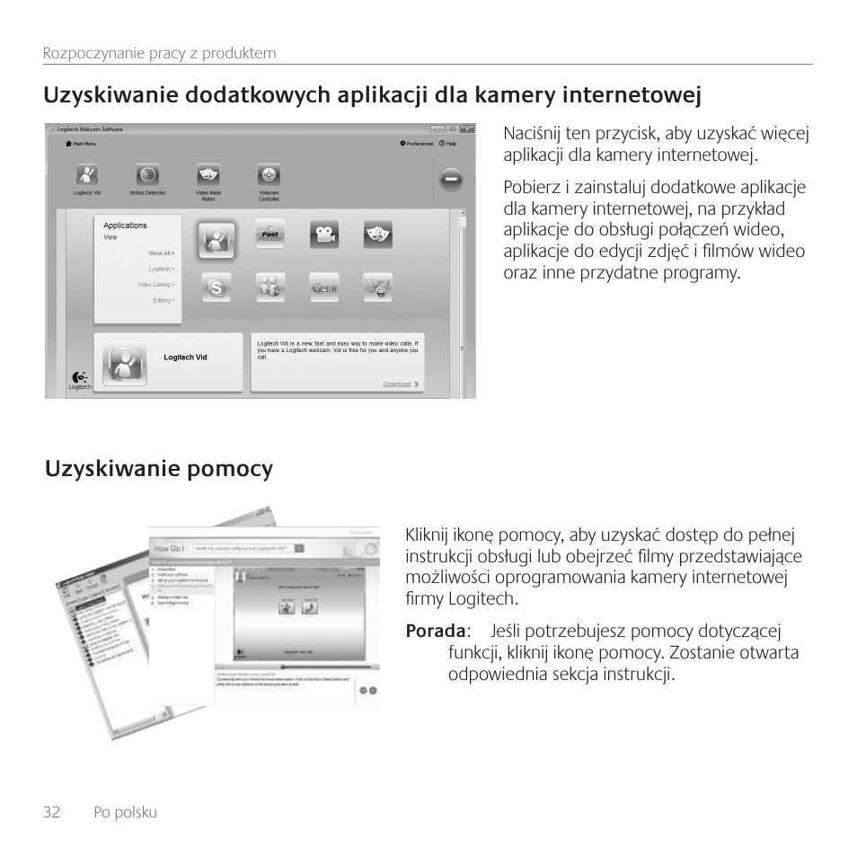 Uzyskiwanie pomocy | Logitech C270 User Manual | Page 32 / 94