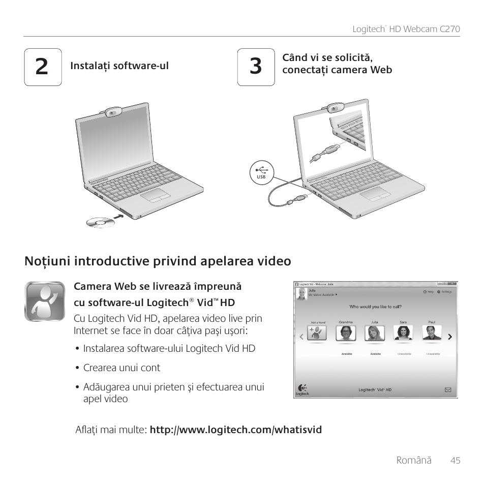 Noţiuni introductive privind apelarea video | Logitech C270 User Manual | Page 45 / 94