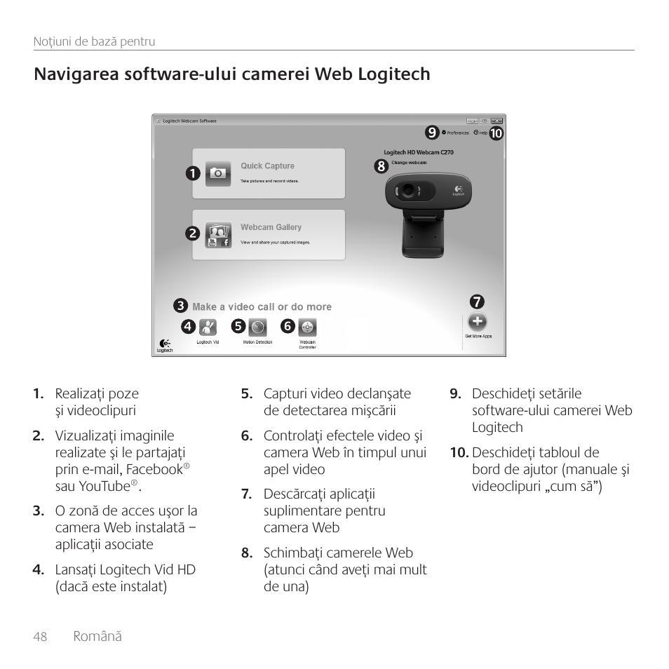 Navigarea software-ului camerei web logitech | Logitech C270 User Manual | Page 48 / 94