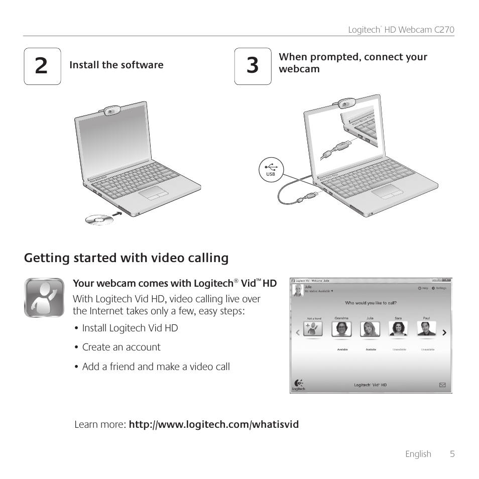 Getting started with video calling | Logitech C270 User Manual | Page 5 / 94