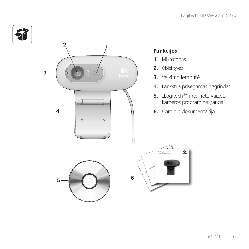 Lietuvių, Funkcijos mikrofonas 1, 53 logitech | Hd webcam c270, Objektyvas | Logitech C270 User Manual | Page 53 / 94