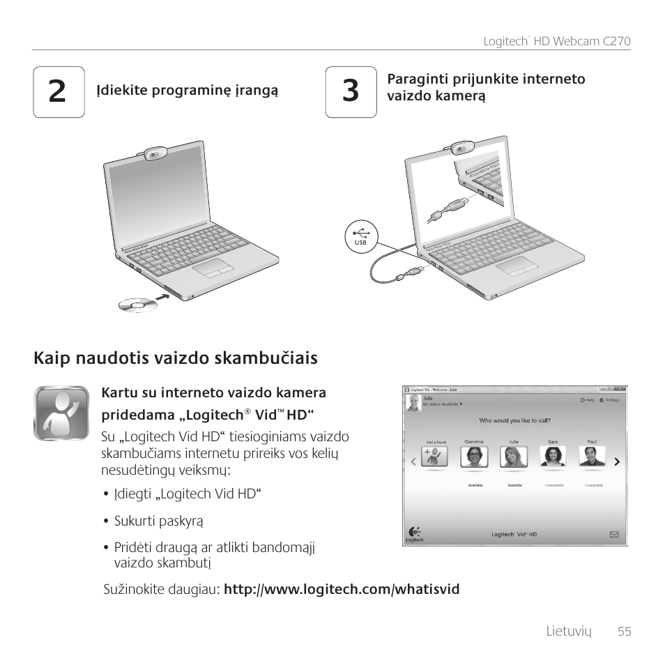 Kaip naudotis vaizdo skambučiais | Logitech C270 User Manual | Page 55 / 94