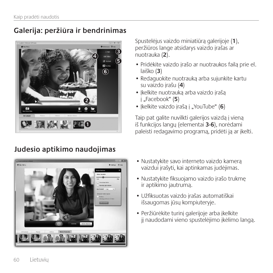 Judesio aptikimo naudojimas, Galerija: peržiūra ir bendrinimas | Logitech C270 User Manual | Page 60 / 94