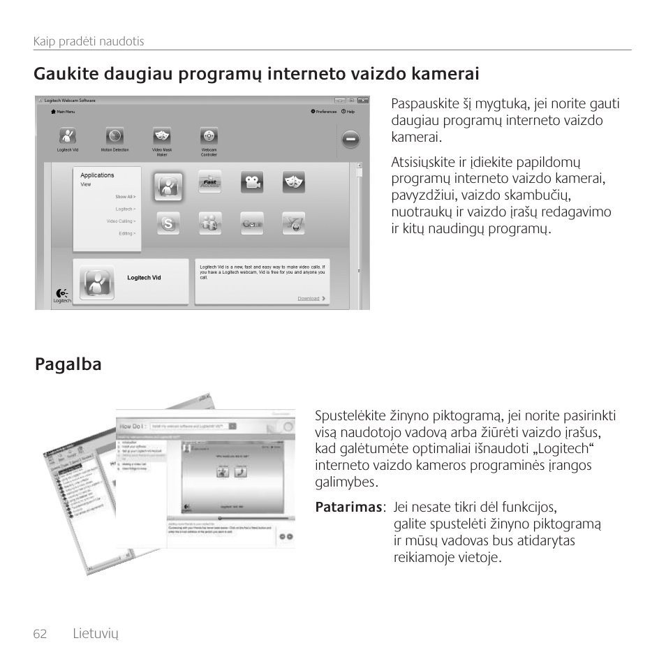 Gaukite daugiau programų interneto vaizdo kamerai, Pagalba | Logitech C270 User Manual | Page 62 / 94