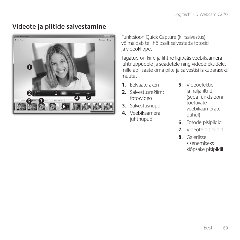 Videote ja piltide salvestamine | Logitech C270 User Manual | Page 69 / 94