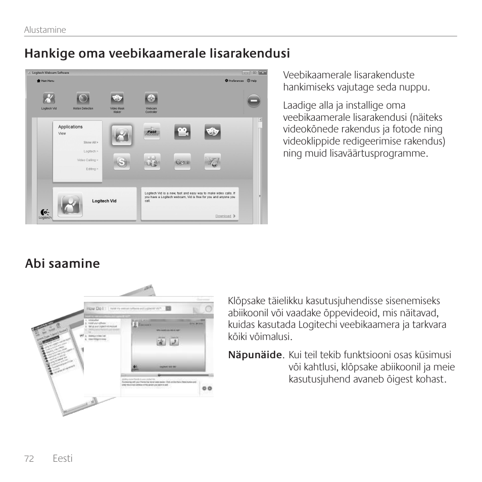 Hankige oma veebikaamerale lisarakendusi, Abi saamine | Logitech C270 User Manual | Page 72 / 94
