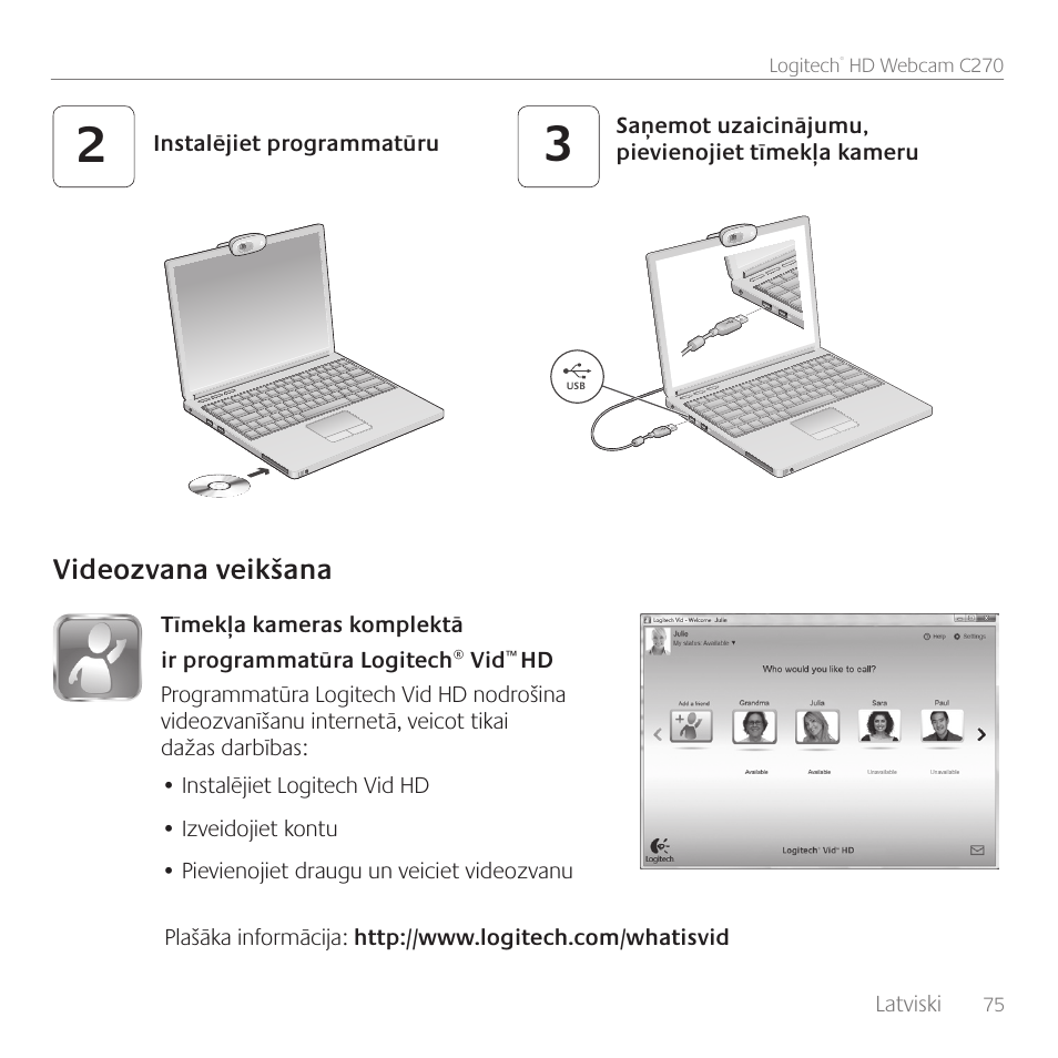 Videozvana veikšana | Logitech C270 User Manual | Page 75 / 94