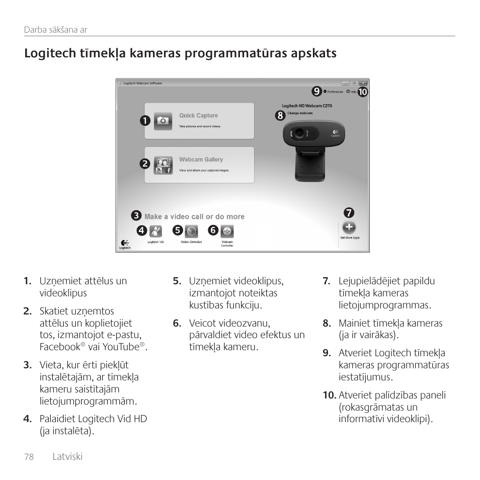 Logitech tīmekļa kameras programmatūras apskats | Logitech C270 User Manual | Page 78 / 94