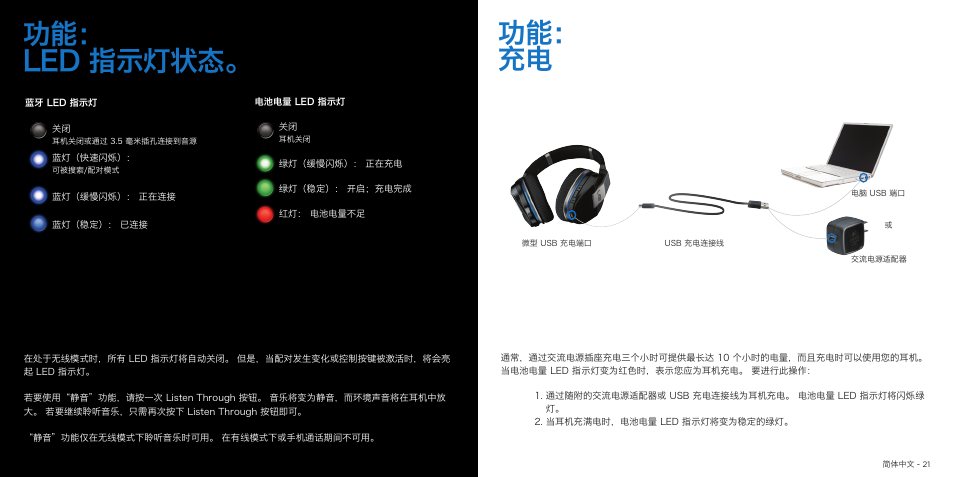 功能： led 指示灯状态, 功能： 充电 | Logitech UE9000 User Manual | Page 11 / 17