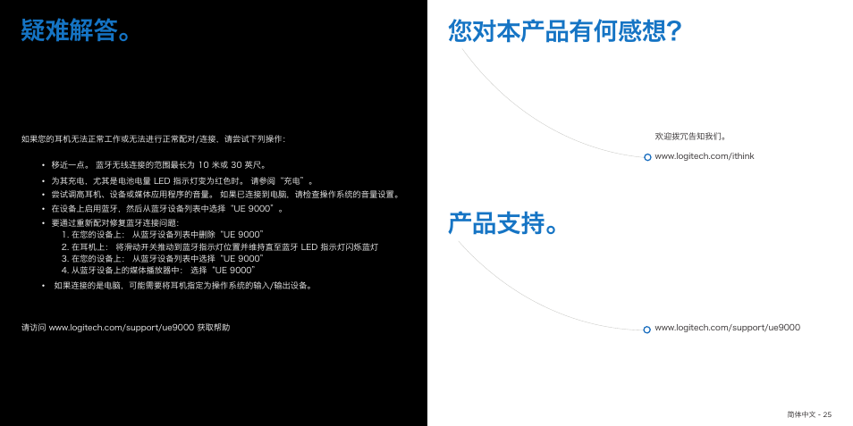 疑难解答, 您对本产品有何感想？ 产品支持 | Logitech UE9000 User Manual | Page 13 / 17