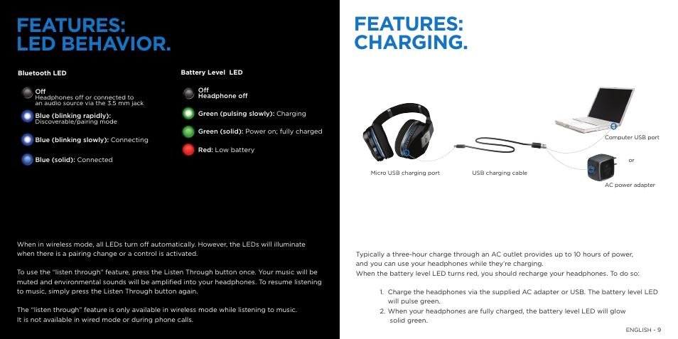 Features: led behavior, Features: charging | Logitech UE9000 User Manual | Page 5 / 17