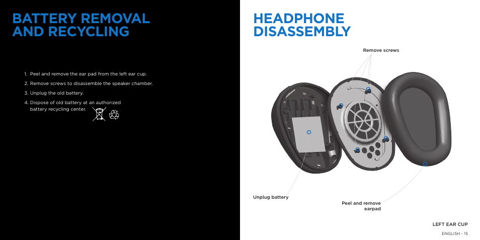 Battery removal and recycling, Headphone disassembly | Logitech UE9000 User Manual | Page 8 / 17