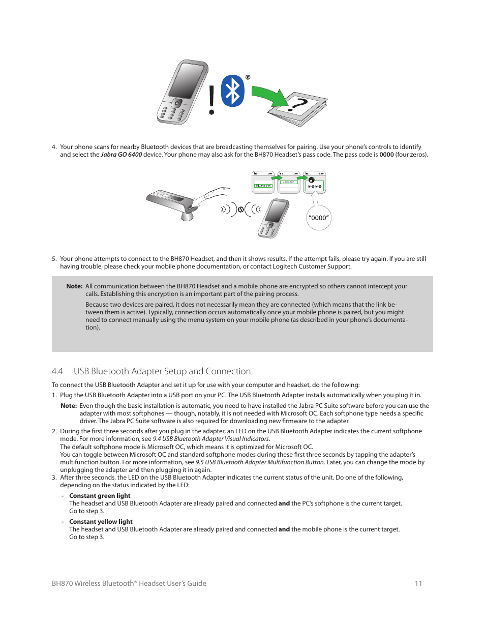 System setup and connections, 1 charging the headset, 2 assembling the headset | 1 charging the headset 4.2 assembling the headset, 4 usb bluetooth adapter setup and connection | Logitech Wireless BH870 User Manual | Page 11 / 36