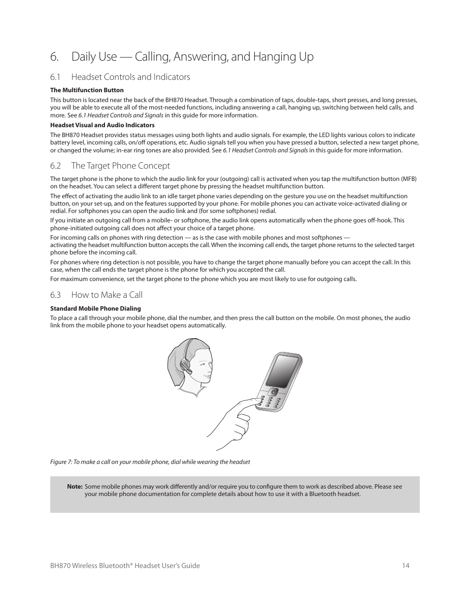 4 usb bluetooth adapter setup and connection, Daily use — calling, answering, and hanging up, 1 headset controls and indicators | 2 the target phone concept, 3 how to make a call | Logitech Wireless BH870 User Manual | Page 14 / 36