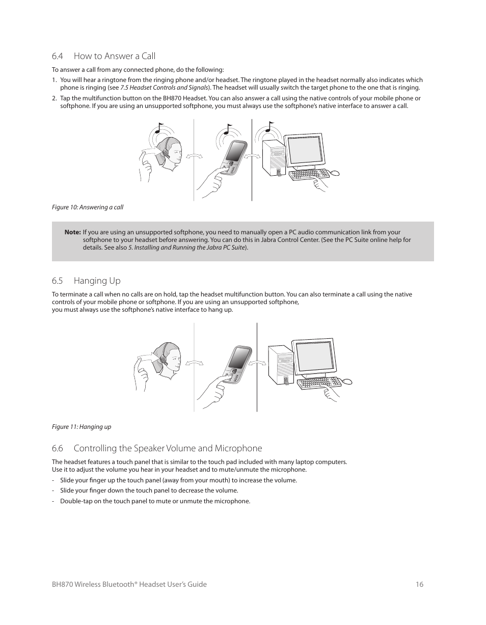 6 central administration and mass deployment, 5 central administration and mass deployment, 4 how to answer a call | 5 hanging up, 6 controlling the speaker volume and microphone | Logitech Wireless BH870 User Manual | Page 16 / 36