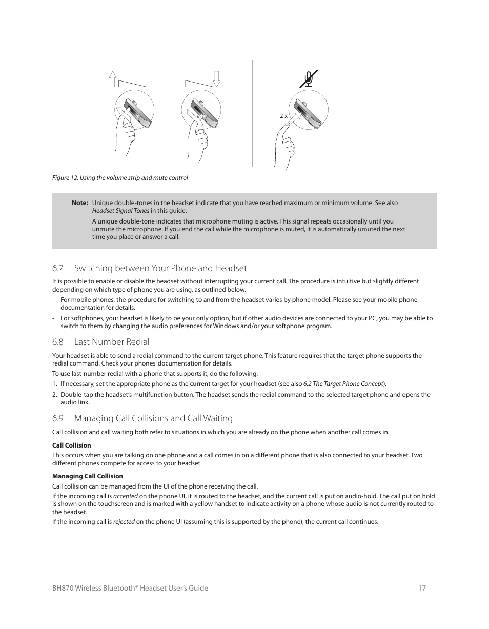 Daily use — calling, answering and hanging up, 1 headset controls and indicators, 2 the target phone concept | 3 how to make a call, Daily use — calling, answering, and hanging up, 7 switching between your phone and headset, 8 last number redial, 9 managing call collisions and call waiting | Logitech Wireless BH870 User Manual | Page 17 / 36