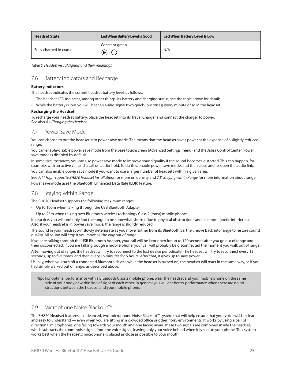 5 headset controls and signals, 6 battery indicators and recharge, 7 power save mode | 8 staying within range, 9 microphone noise blackout | Logitech Wireless BH870 User Manual | Page 25 / 36