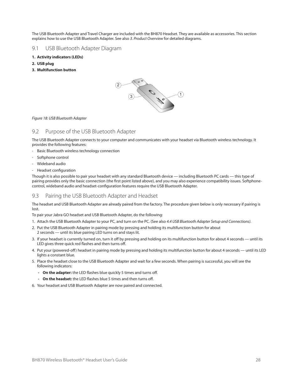 1 usb bluetooth adapter diagram, 2 purpose of the usb bluetooth adapter, 3 pairing the usb bluetooth adapter and headset | Logitech Wireless BH870 User Manual | Page 28 / 36