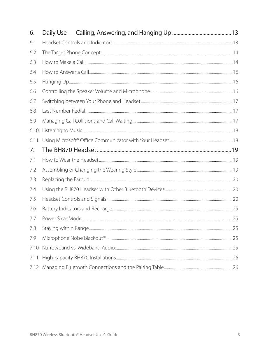 Daily use — calling, answering, and hanging up, The bh870 headset | Logitech Wireless BH870 User Manual | Page 3 / 36