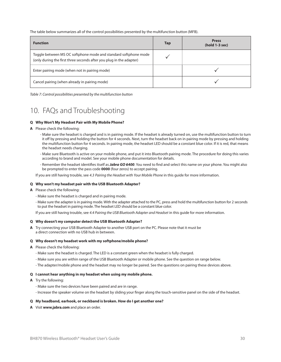 8 staying within range, 9 microphone noise blackout, 10 narrowband vs. wideband audio | Faqs and troubleshooting | Logitech Wireless BH870 User Manual | Page 30 / 36