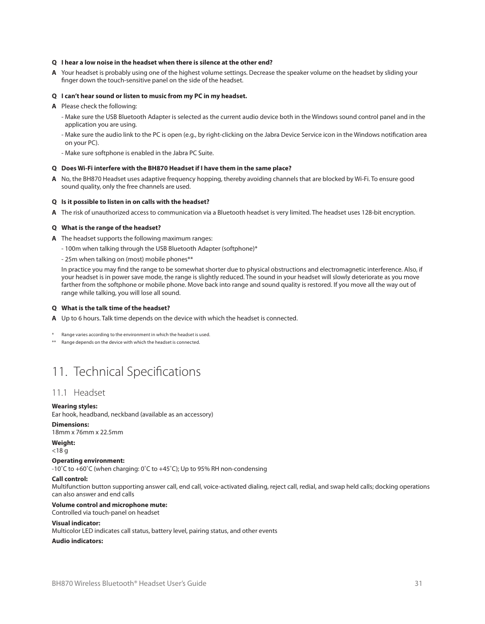 11 high capacity jabra go installations, 11 high-capacity bh870 installations, Technical specifications | 1 headset | Logitech Wireless BH870 User Manual | Page 31 / 36