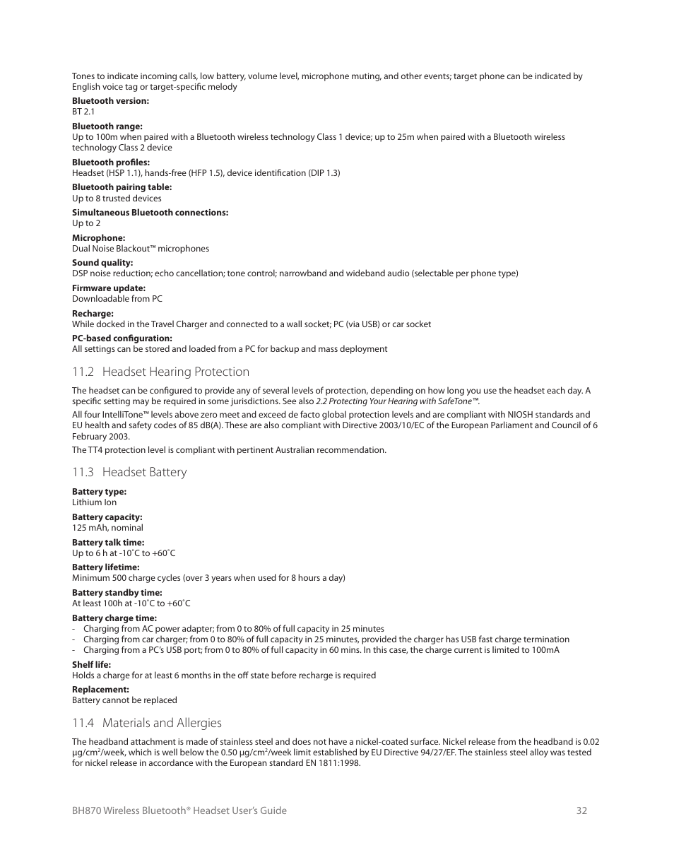 Using the travel charger, 2 charging the headset with the travel charger, 3 communicating with a pc | 1 storing the headset and usb bluetooth adapter, 2 headset hearing protection, 3 headset battery, 4 materials and allergies | Logitech Wireless BH870 User Manual | Page 32 / 36