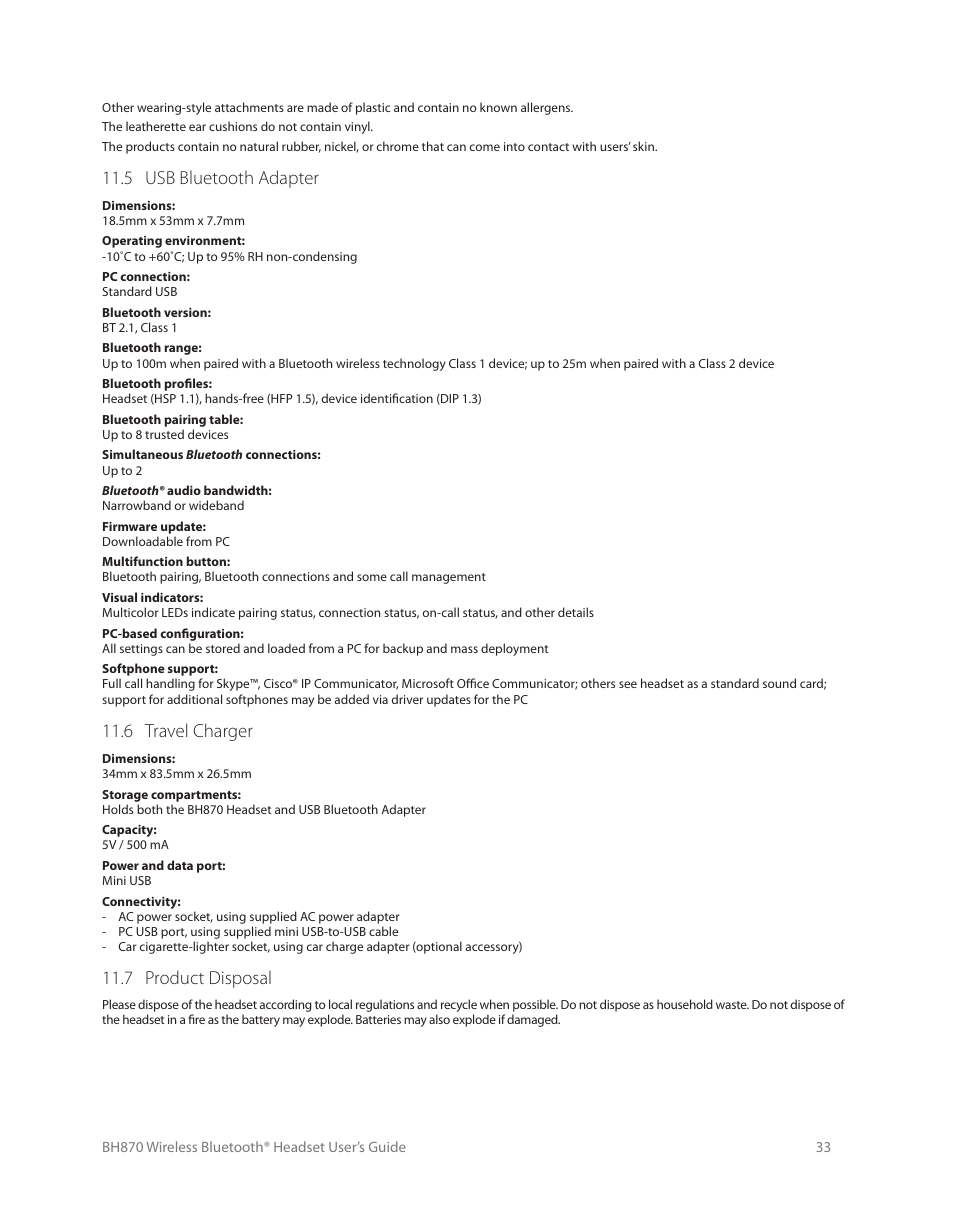 The jabra link 350 usb bluetooth® adapter, 1 jabra link 350 usb bluetooth® adapter diagram, The usb bluetooth adapter | 1 usb bluetooth adapter diagram, 2 purpose of the usb bluetooth adapter, 3 pairing the usb bluetooth adapter and headset, 5 usb bluetooth adapter, 6 travel charger, 7 product disposal | Logitech Wireless BH870 User Manual | Page 33 / 36