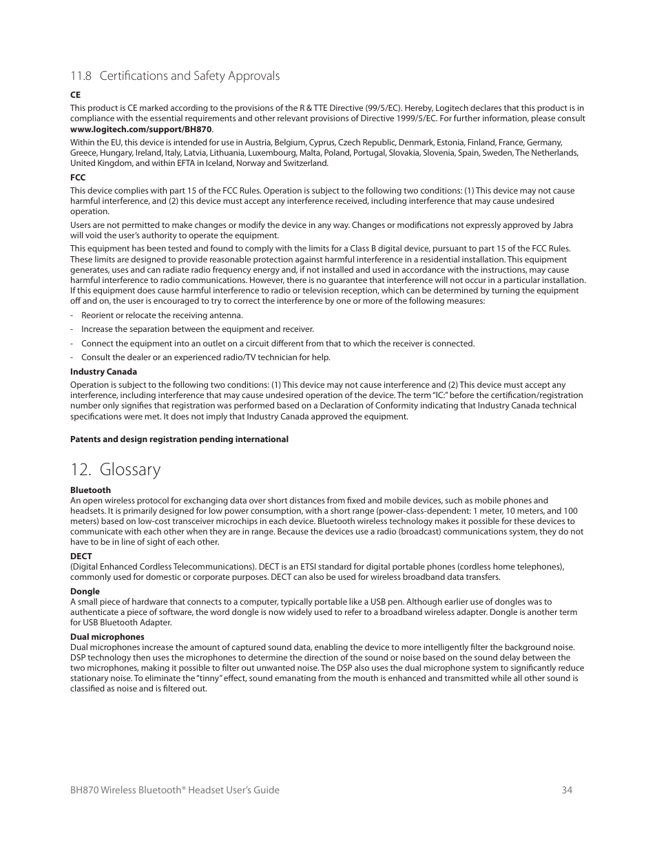 4 usb bluetooth adapter visual indicators, Glossary, 8 certifications and safety approvals | Logitech Wireless BH870 User Manual | Page 34 / 36