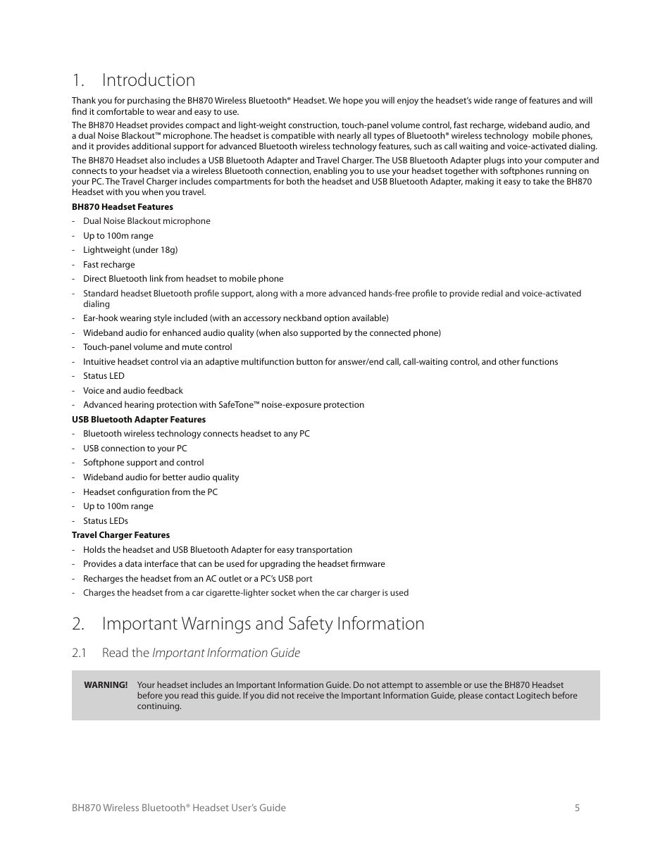 Introduction, Important warnings and safety information | Logitech Wireless BH870 User Manual | Page 5 / 36