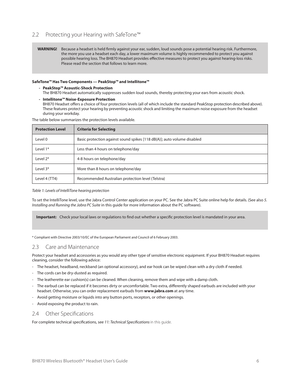 Important warnings and safety information, 1 read the safety guide, 2 protecting your hearing with safetone | 3 care and maintenance, 4 other specifications | Logitech Wireless BH870 User Manual | Page 6 / 36