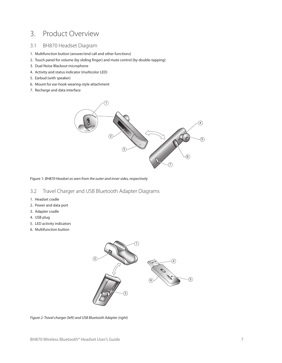 3 care and maintenance, 4 other specifications, 3 care and maintenance 2.4 other specifications | Product overview, 1 bh870 headset diagram | Logitech Wireless BH870 User Manual | Page 7 / 36