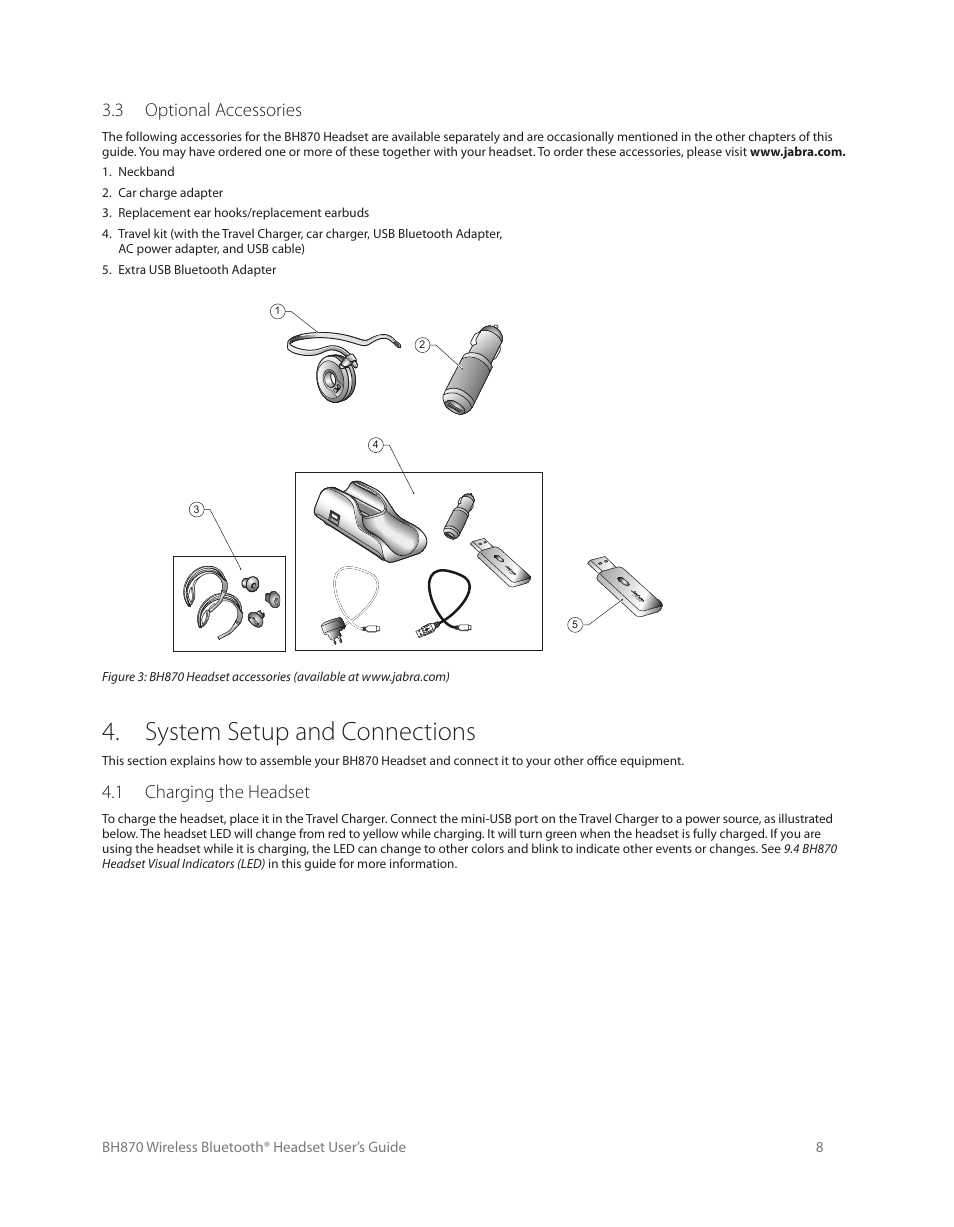 Product overview, System setup and connections, 3 optional accessories | 1 charging the headset | Logitech Wireless BH870 User Manual | Page 8 / 36