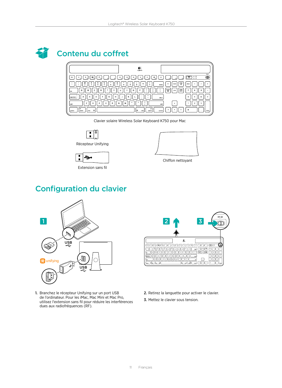 Contenu du coffret configuration du clavier | Logitech Wireless Solar Keyboard K750 920-002912 User Manual | Page 11 / 20